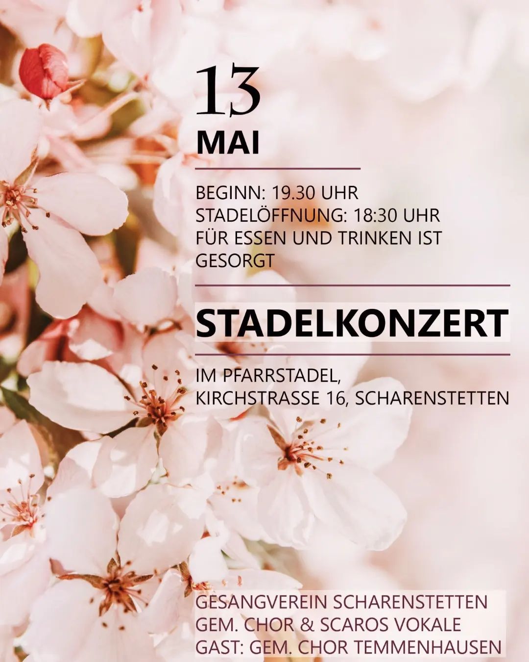 Stadelkonzert 13.5.23 Eintritt frei ab 18:30, Konzert ab 19:30 im Pfarrstadel #Scharenstetten #GesangvereinScharenstetten #scarosvokale #GenischterChorTemmenhause