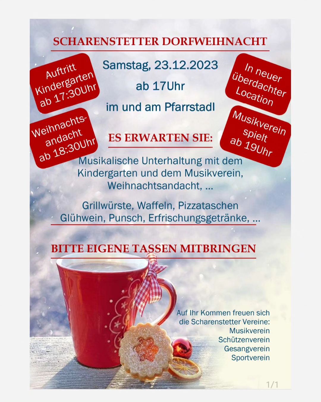 Dorfweihnacht, Neues Datum, Neue Location: 23.12.23 Pfarrstadel #dorfleben #dorfweihnacht #MusikvereinScharenstetten #GesangvereinScharenstetten #sportvereinscharenstetten #SchützenvereinScharenstetten