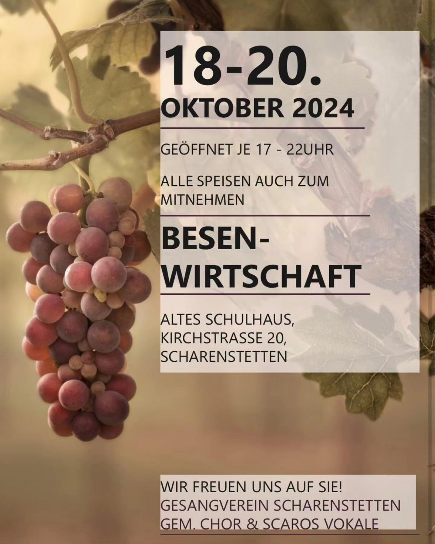 Vom 18.10. - 20.10. läd der Gesangverein Scharenstetten wieder zur Besenwirtschaft im alten Schulhaus ein für süße und herzhafte Gaumenfreuden ist gesorgt. #gesangsvereinscharenstetten #scarosvokale #gemeindelebt #dorfleben #genussregion #albdonaukreis