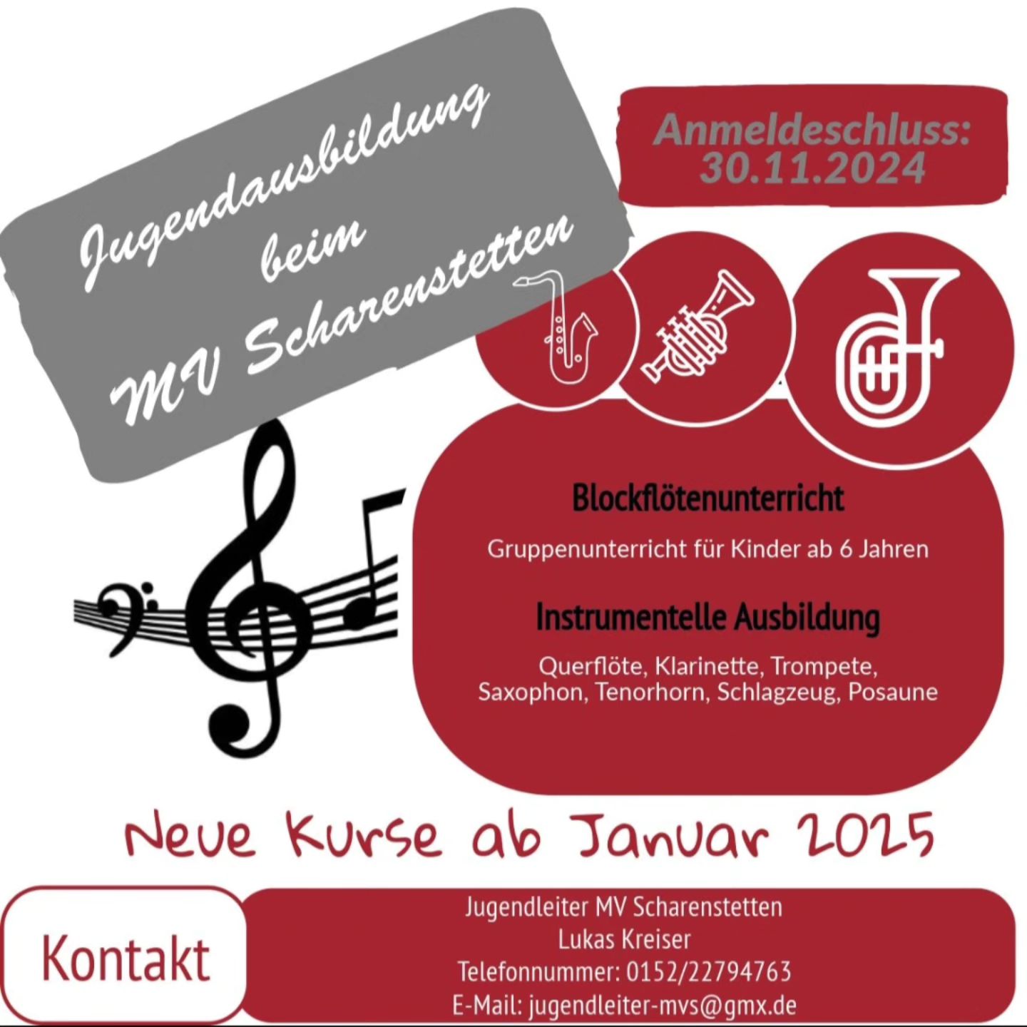 Jugendausbildung beim Musikverein Scharenstetten für den Neuen Kurs ab Januar 2025, Anmeldung möglich bis 30.11.2024 #musikvereinscharenstetten #blasmusik #musikalisch #dorfleben #Scharenstetten