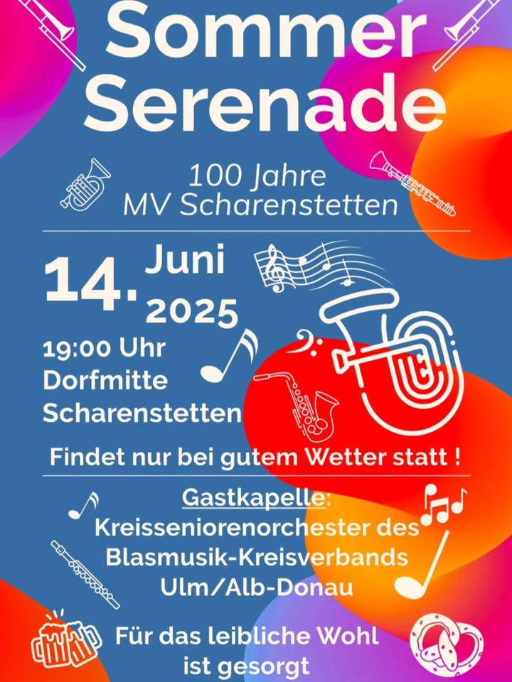 100 Jahre Musikverein Scharenstetten, bei gutem Wetter findet ein Blaskonzert am 14.6.2025 um 19 Uhr in der Dorfmitte statt #musikvereinscharenstetten #dorfleben #draußenundumsonst #bläsergruppe