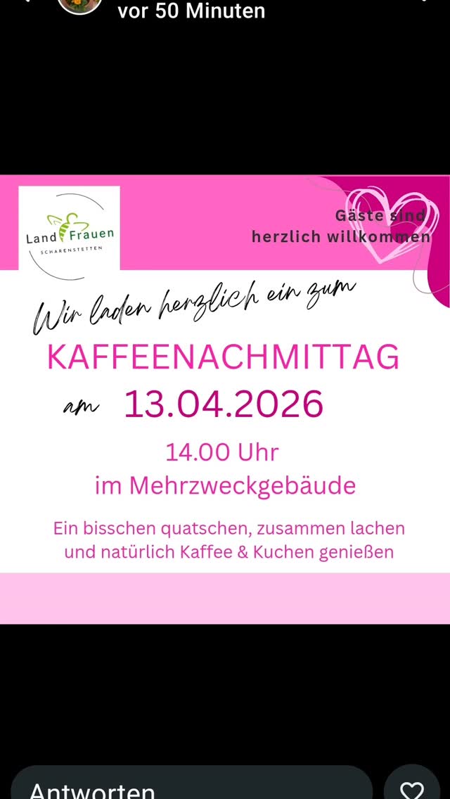 Die Landfrauen Scharenstetten laden zum Kaffeenachmittag am 13.04.2026 ab 14:00 ein #landfrauenscharenstetten #dorfleben #gemütlichkeit