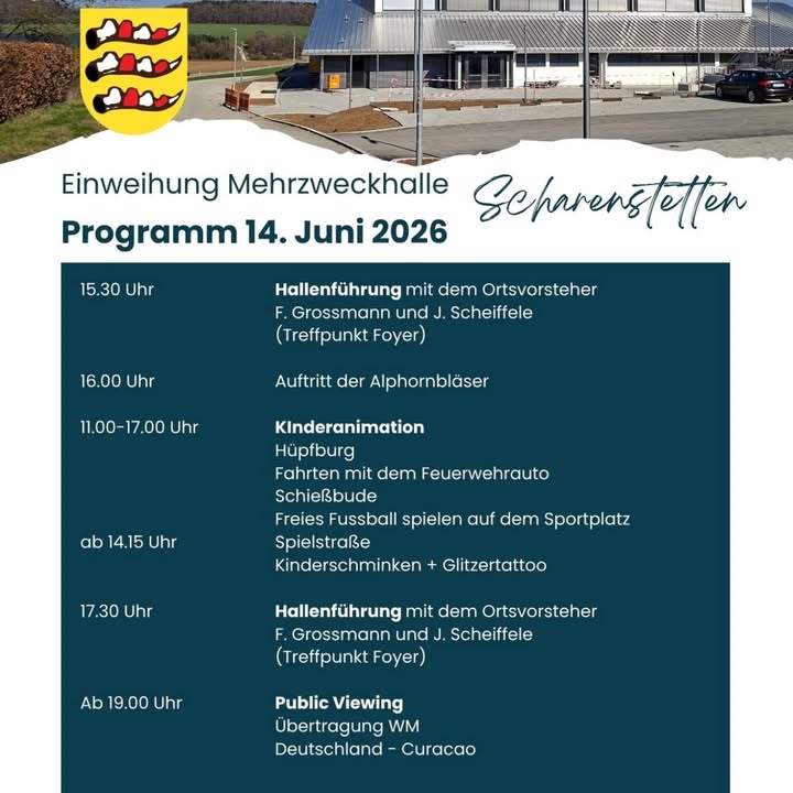 Halleneinweihung in Scharenstetten am Sonntag, 14.06.2026 – zweiter Teil.
Unglaubliche 60 Kuchen wird es geben am Sonntag – die müssen alle weg!
Und Abends natürlich zum Public Viewing in unsere tolle Halle. Fassbier gibt es natürlich auch!
#scharenstetten #dornstadt