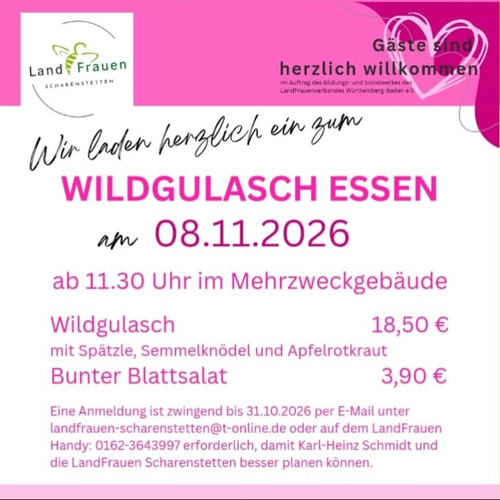 Die LandFrauen Scharenstetten laden herzlich zum Wildgulasch-Essen ein! 🦌
📅 Wann: Sonntag, 08.11.2026 ab 11:30 Uhr
📍 Wo: Mehrzweckgebäude Scharenstetten
🍽️ Auf der Speisekarte:
• Wildgulasch mit Spätzle, Semmelknödel & Apfelrotkraut
• Bunter Blattsalat
Wir freuen uns auf euch! 🍲😊
#ulmumgebung #albdonaukreis #dornstadt #schwäbischealb #leckeressen